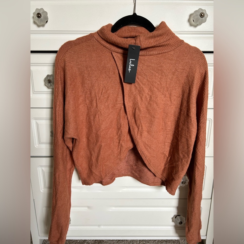 Lulu’s Rust Orange Ribbed Turtleneck Cross Back Top - Picture 5 of 5
